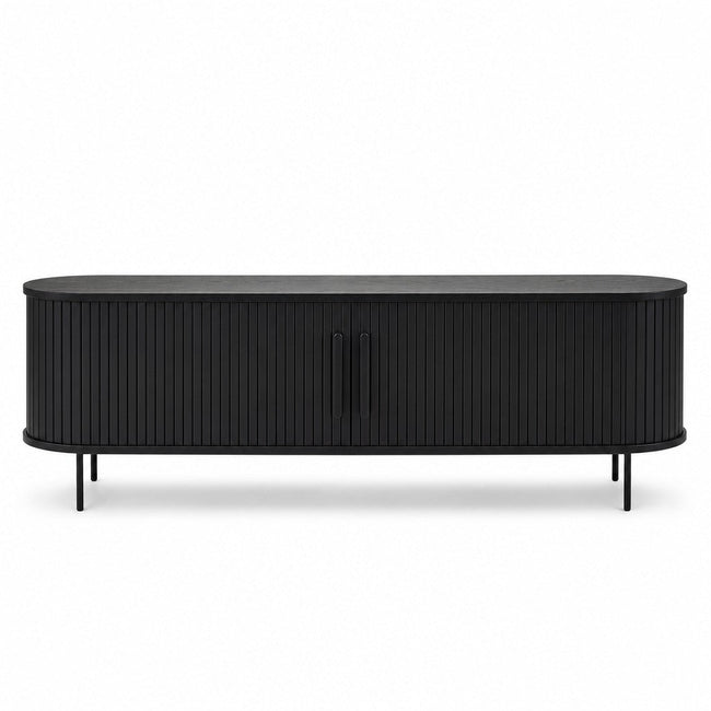 Black fluted oak TV lowboard with curved oval silhouette and sliding tambour doors - Whats New Furniture Portland OR