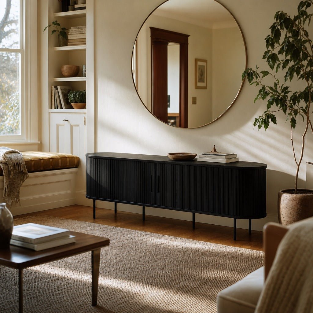 Nola TV Lowboard in Black Oak styled in Portland Mt. Tabor mid-century living room - Whats New Furniture
