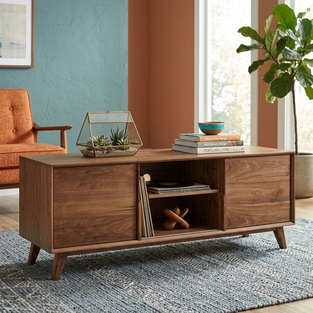 Sedona Media Cabinet styled in a bright Portland mid-century modern interior - Whats New Furniture