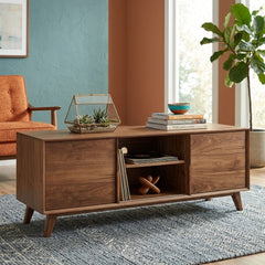 Sedona Media Cabinet styled in a bright Portland mid-century modern interior - Whats New Furniture
