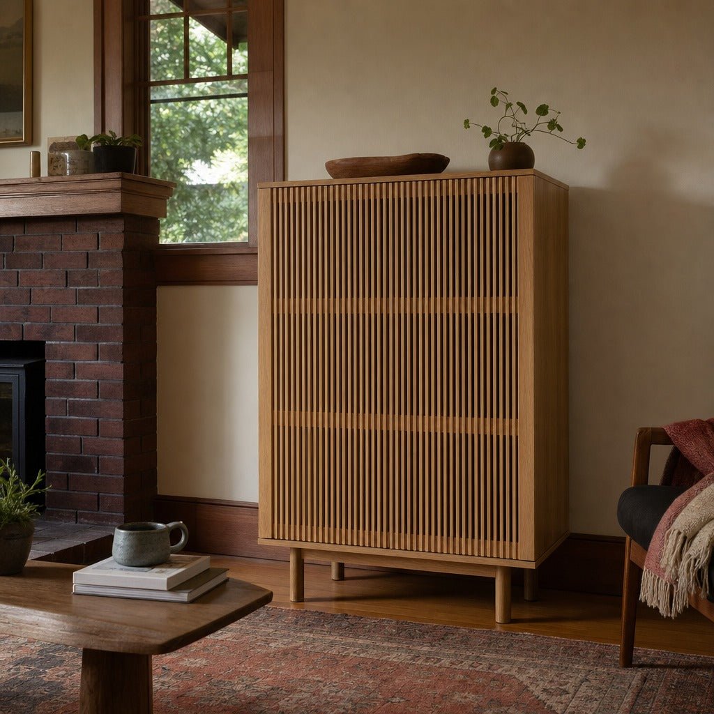 Tiber Cabinet in Natural Oak styled in Portland Montavilla cottage living room - Whats New Furniture