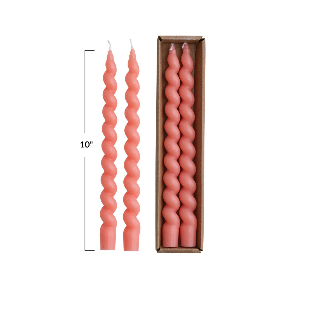 Unscented Twisted Taper Candles Pink Set of 2 - pair of pink twisted tapers beside the box - Creative Co-Op - What&