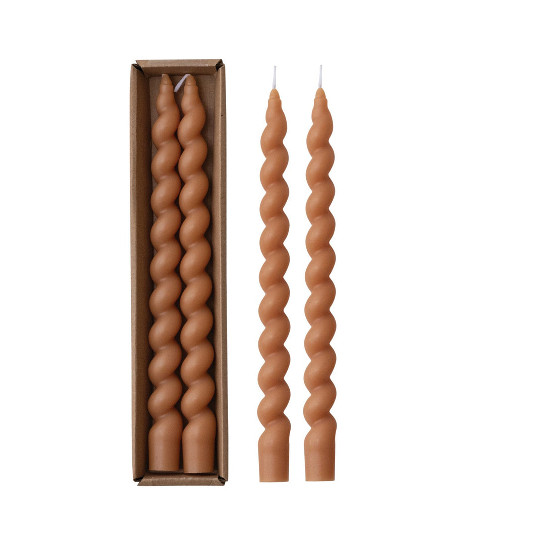 Unscented Twisted Taper Candles Tan Set of 2 - tan twisted taper candles in the box - Creative Co-Op - What&