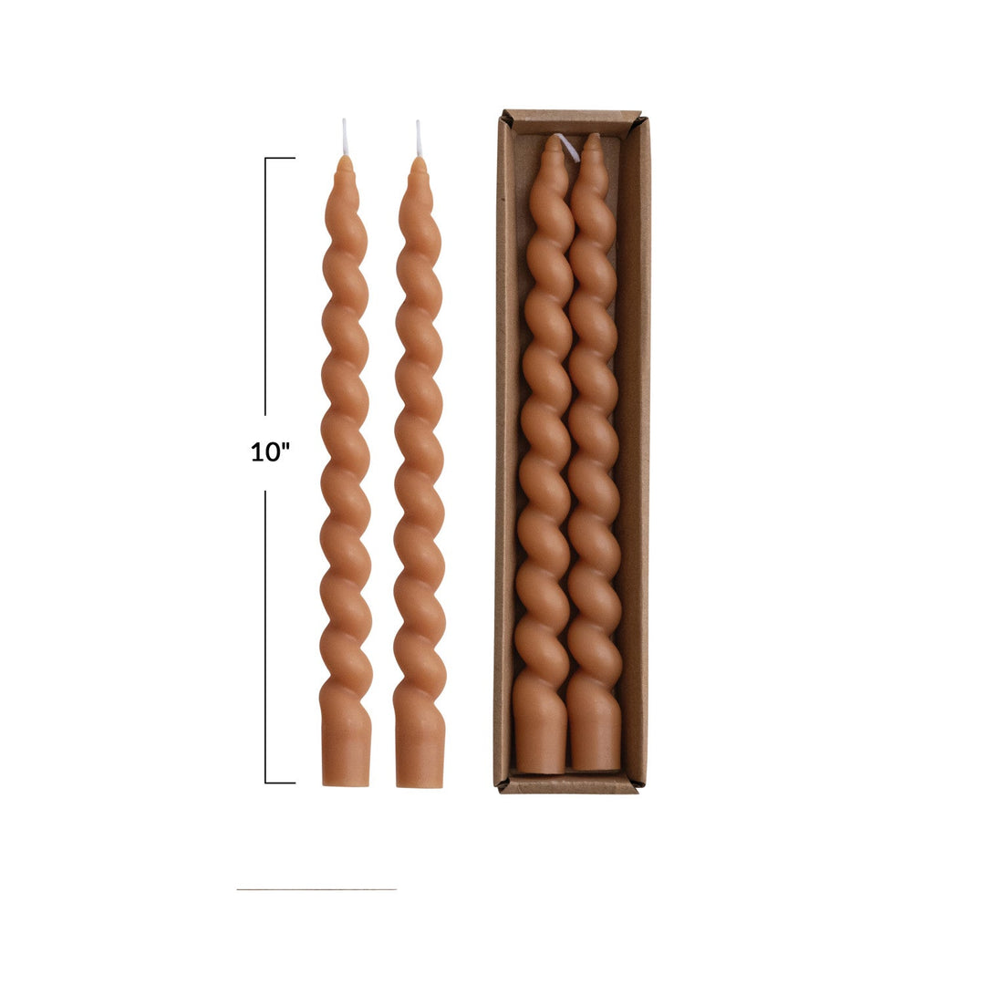 Unscented Twisted Taper Candles Tan Set of 2 - pair of tan twisted tapers beside the box - Creative Co-Op - What&