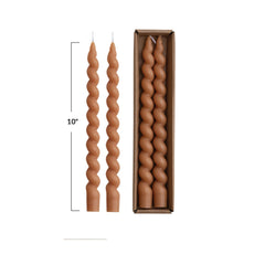 Unscented Twisted Taper Candles Tan Set of 2 - pair of tan twisted tapers beside the box - Creative Co-Op - What&