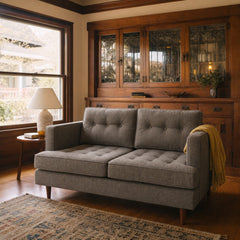 Urban Loveseat in Bennett Praline styled in a Portland St. Johns bungalow living room - Whats New Furniture
