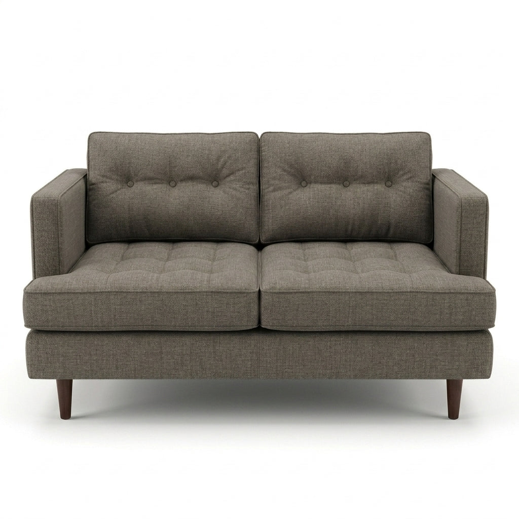 Urban Loveseat in Bennett Praline warm grey-taupe woven fabric - button-tufted mid-century modern loveseat by Stanton - Whats New Furniture Portland OR