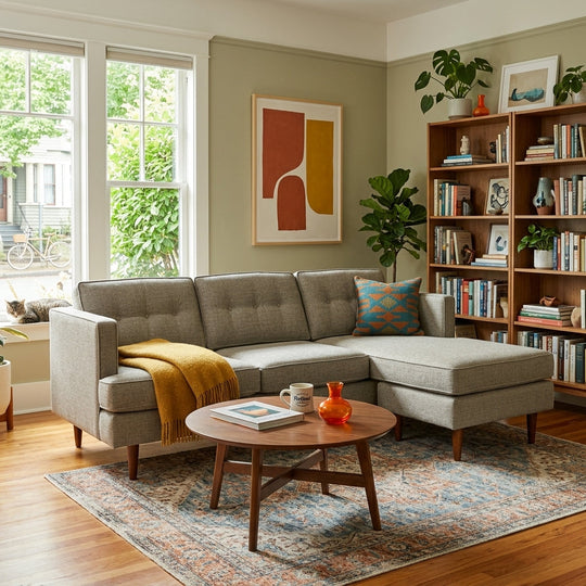 Urban Sofa Chaise in Bennett Praline corner detail - sofa with floating chaise by Stanton - Whats New Furniture Portland OR