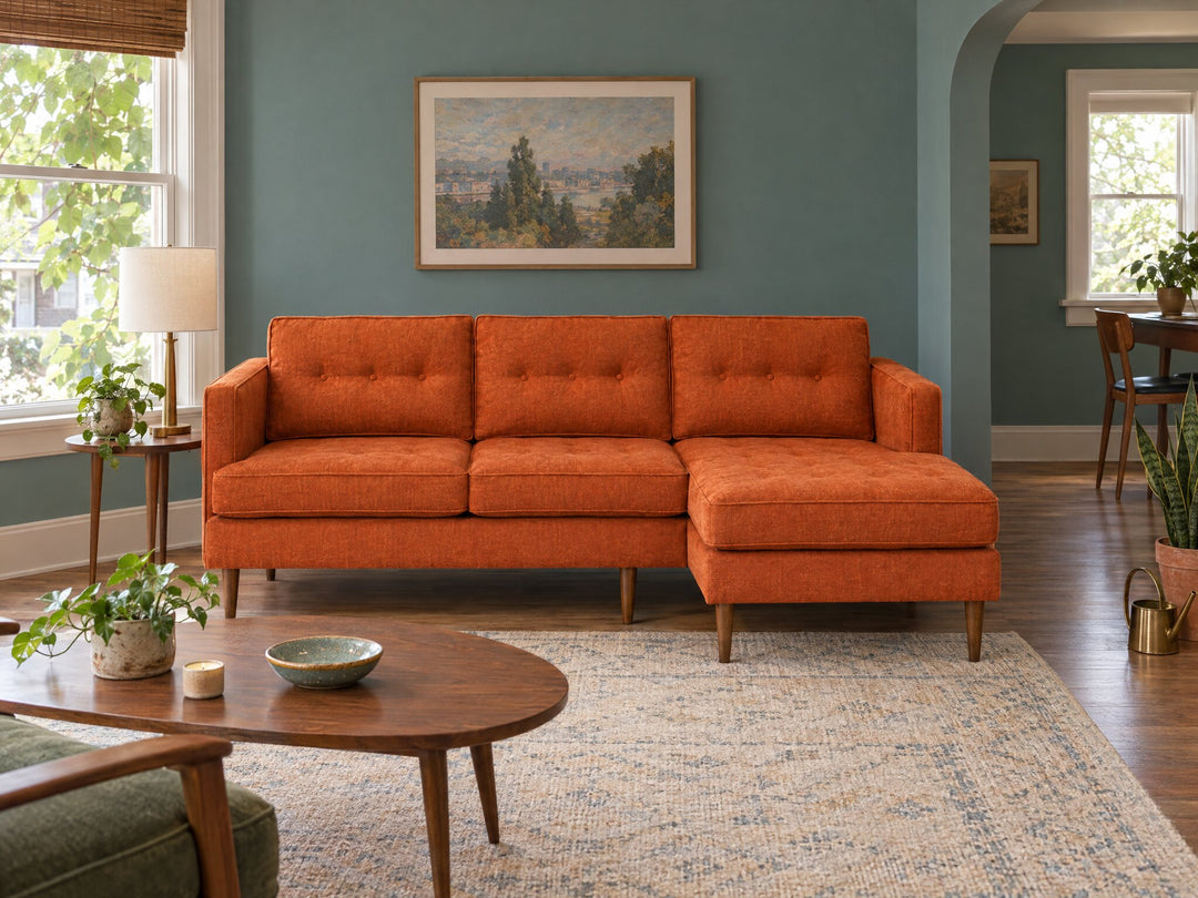 Urban Sofa Chaise in Lush Papaya styled in a Portland 1940s Woodstock cottage living room - Whats New Furniture Portland OR