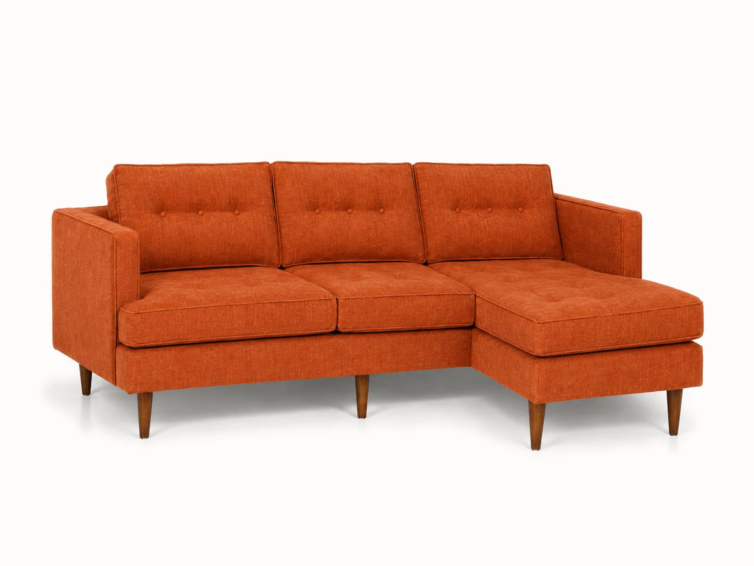 Urban Sofa Chaise in Lush Papaya burnt orange chenille fabric - button-tufted - studio three-quarter view - Whats New Furniture Portland OR