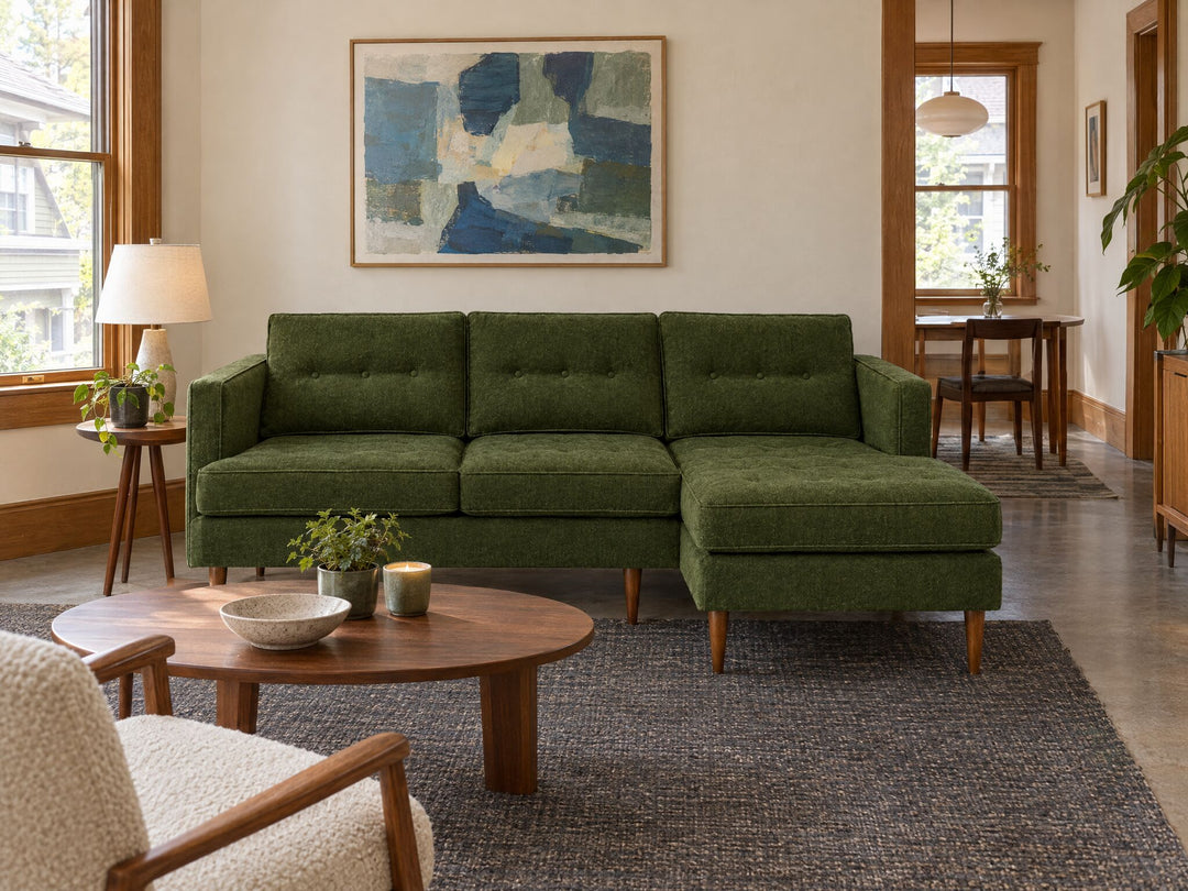 Urban Sofa Chaise in Lush Spinach styled in a Portland Hawthorne duplex flat living room - Whats New Furniture Portland OR