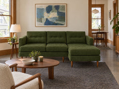 Urban Sofa Chaise in Lush Spinach styled in a Portland Hawthorne duplex flat living room - Whats New Furniture Portland OR