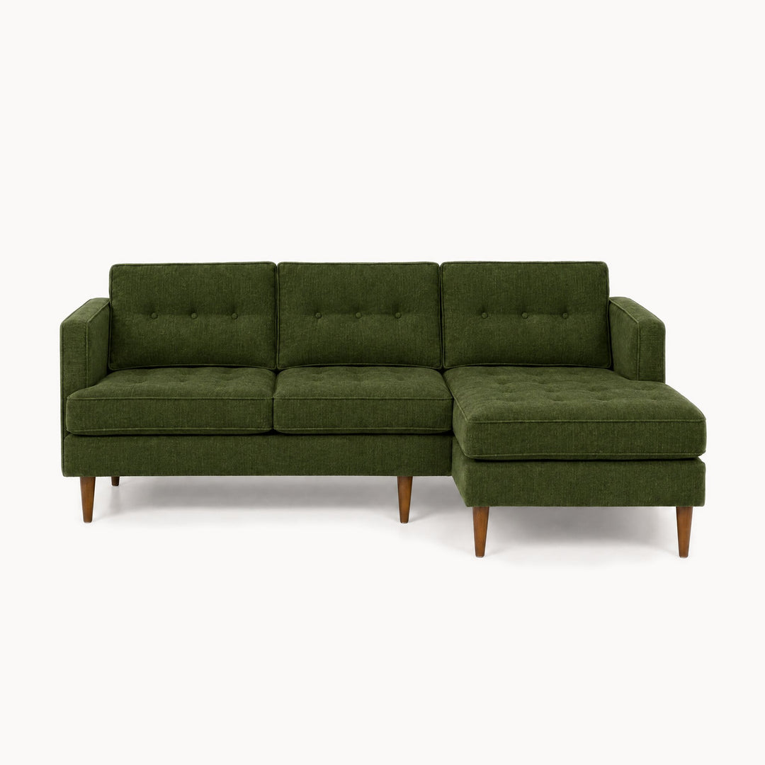 Urban Sofa Chaise in Lush Spinach deep olive green chenille fabric - button-tufted - studio front view - Whats New Furniture Portland OR