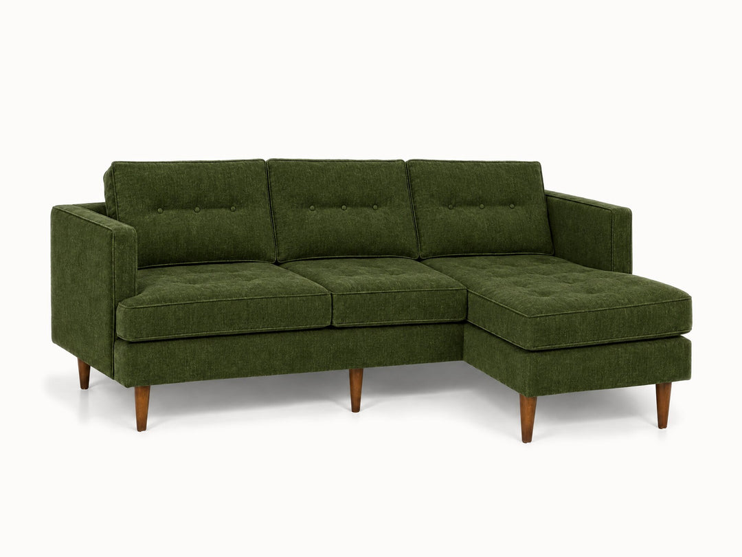 Urban Sofa Chaise in Lush Spinach deep olive green chenille fabric - button-tufted - studio three-quarter view - Whats New Furniture Portland OR