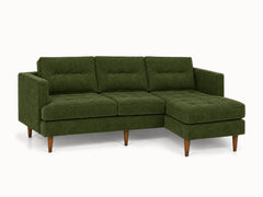 Urban Sofa Chaise in Lush Spinach deep olive green chenille fabric - button-tufted - studio three-quarter view - Whats New Furniture Portland OR