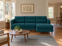 Urban Sofa Chaise in Lush Turquoise styled in a Portland 1920s NE Portland Craftsman flat living room - Whats New Furniture Portland OR