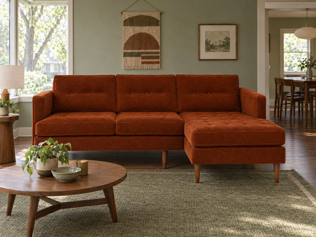 Urban Sofa Chaise in Marquis Rust styled in a Portland Montavilla ranch living room - Whats New Furniture Portland OR