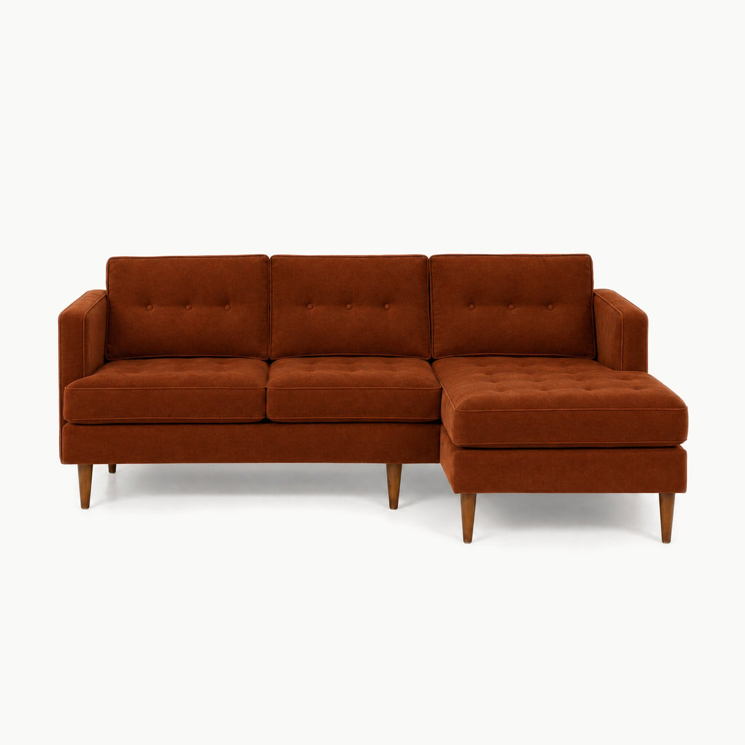 Urban Sofa Chaise in Marquis Rust deep rust velvet fabric - button-tufted - studio front view - Whats New Furniture Portland OR