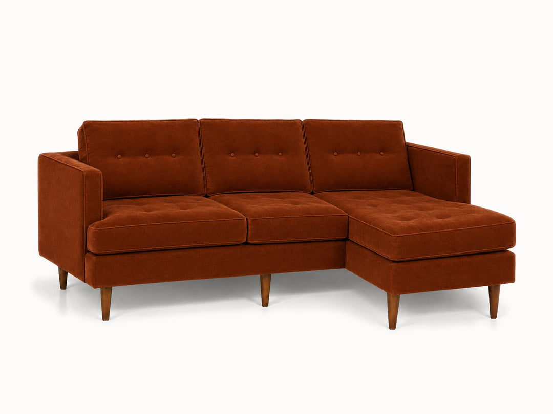 Urban Sofa Chaise in Marquis Rust deep rust velvet fabric - button-tufted - studio three-quarter view - Whats New Furniture Portland OR