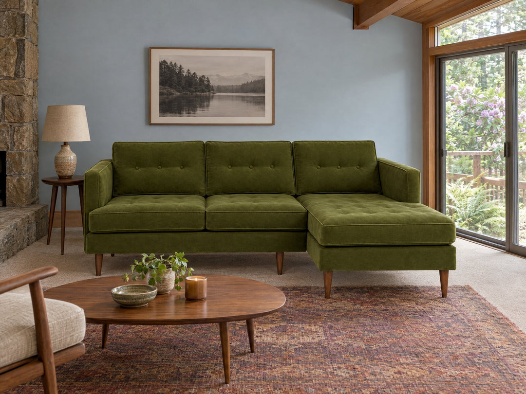 Urban Sofa Chaise in Vintage Moss styled in a Portland 1970s Lake Oswego split-level living room - Whats New Furniture Portland OR