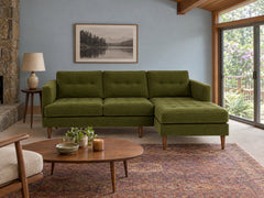 Urban Sofa Chaise in Vintage Moss styled in a Portland 1970s Lake Oswego split-level living room - Whats New Furniture Portland OR