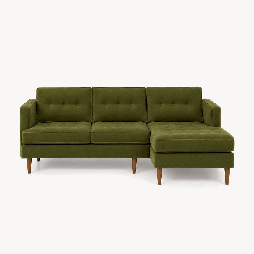 Urban Sofa Chaise in Vintage Moss olive moss velvet fabric - button-tufted - studio front view - Whats New Furniture Portland OR