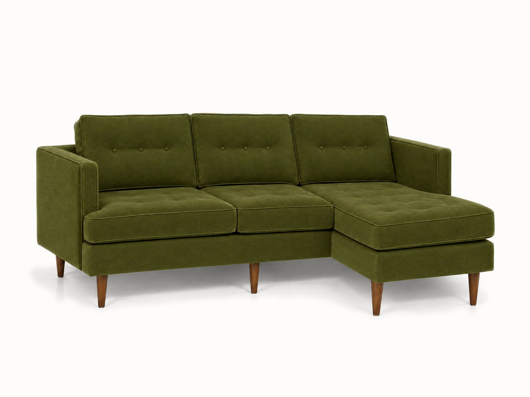 Urban Sofa Chaise in Vintage Moss olive moss velvet fabric - button-tufted - studio three-quarter view - Whats New Furniture Portland OR