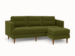 Urban Sofa Chaise in Vintage Moss olive moss velvet fabric - button-tufted - studio three-quarter view - Whats New Furniture Portland OR
