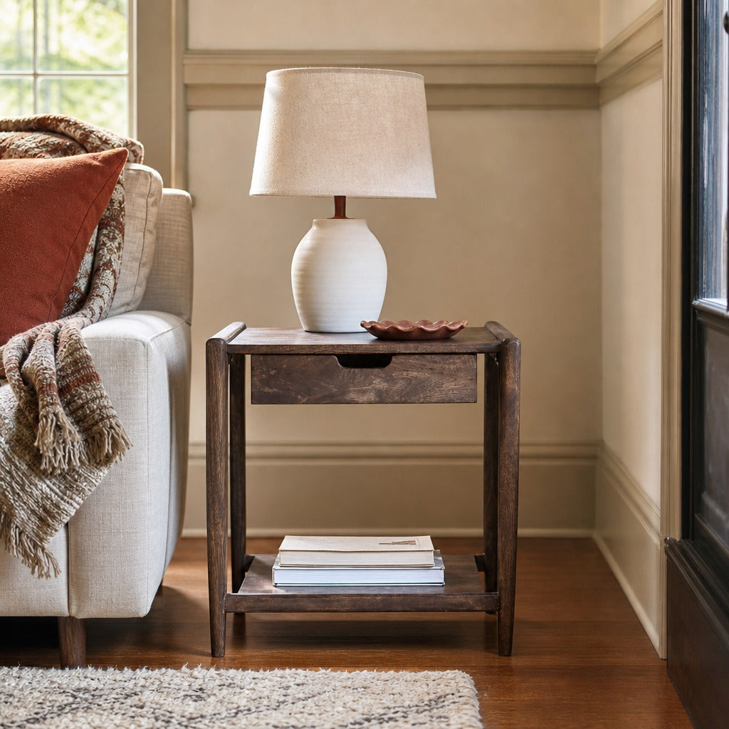 Valeria End Table styled in Portland Laurelhurst Tudor cottage living room - Whats New Furniture