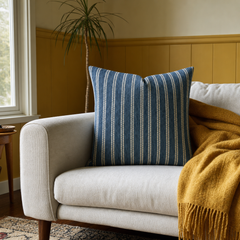 Vanishing Indigo Chenille Stripe Throw Pillow styled in a Portland Hawthorne bungalow living room lifestyle - Whats New Furniture