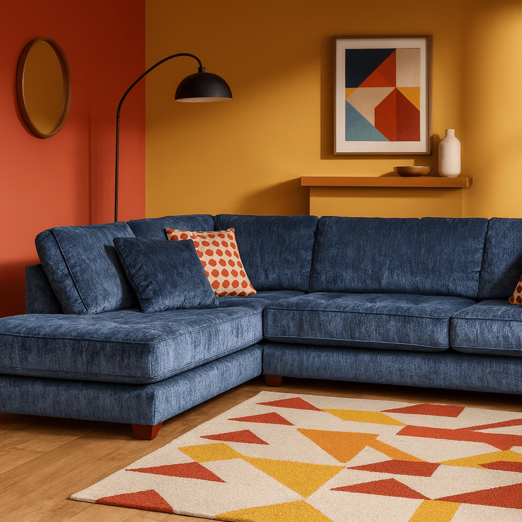 Vantage Sectional in Lush Marine LHF styled in a colorful Portland room - Whats New Furniture