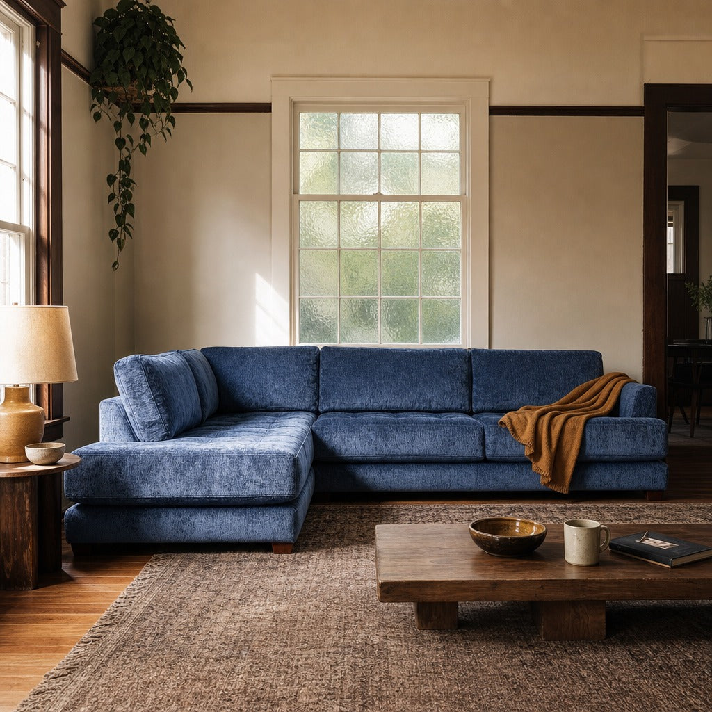 Vantage Sectional in Lush Marine navy styled in a Portland foursquare living room - Whats New Furniture