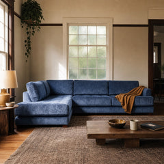 Vantage Sectional in Lush Marine navy styled in a Portland foursquare living room - Whats New Furniture