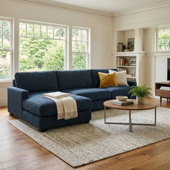 Vantage Sectional in Lush Marine RHF styled in a bright Portland living room with coffee table - Whats New Furniture