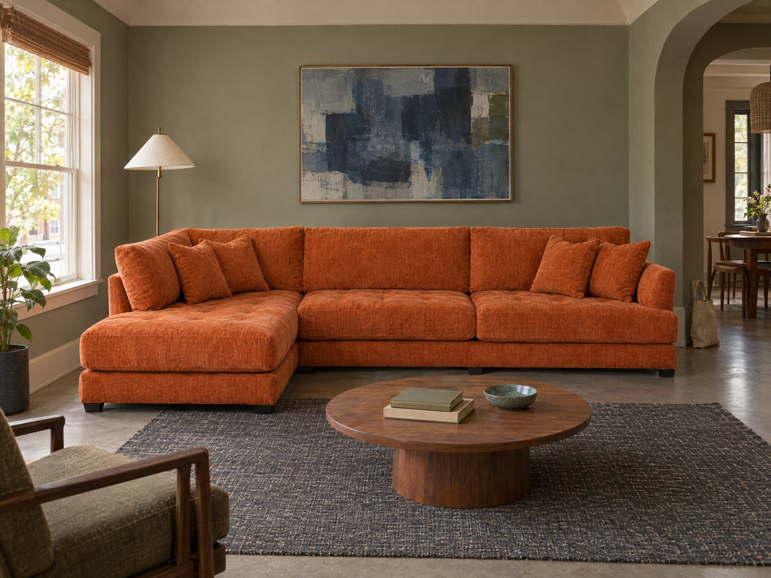 Vantage Sectional in Lush Papaya (LHF) styled in a 1930s SW Portland Tudor cottage - Whats New Furniture Portland OR