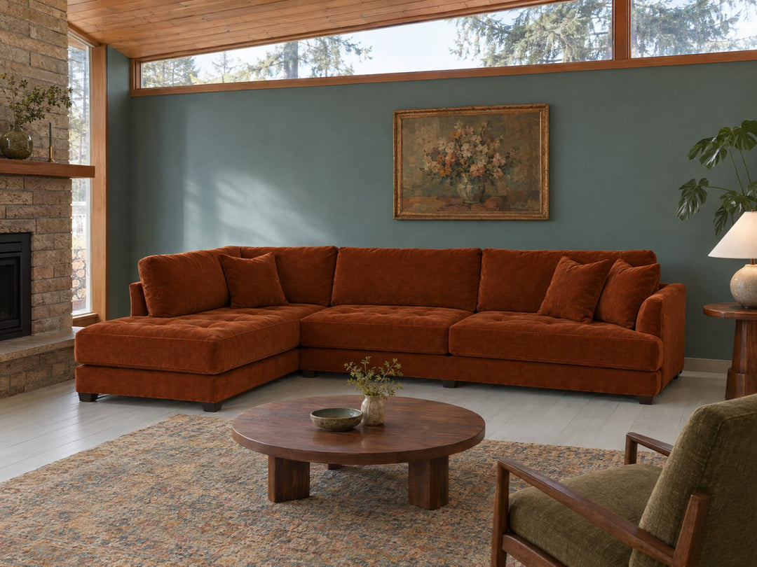 Vantage Sectional in Marquis Rust (LHF) styled in a Mt. Tabor mid-century house - Whats New Furniture Portland OR