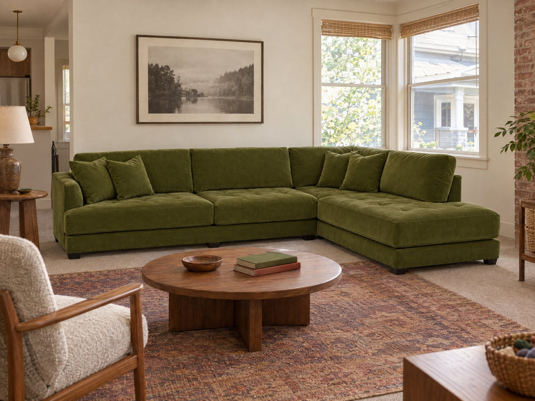 Vantage Sectional in Vintage Moss (RHF) styled in a Kerns townhouse - Whats New Furniture Portland OR
