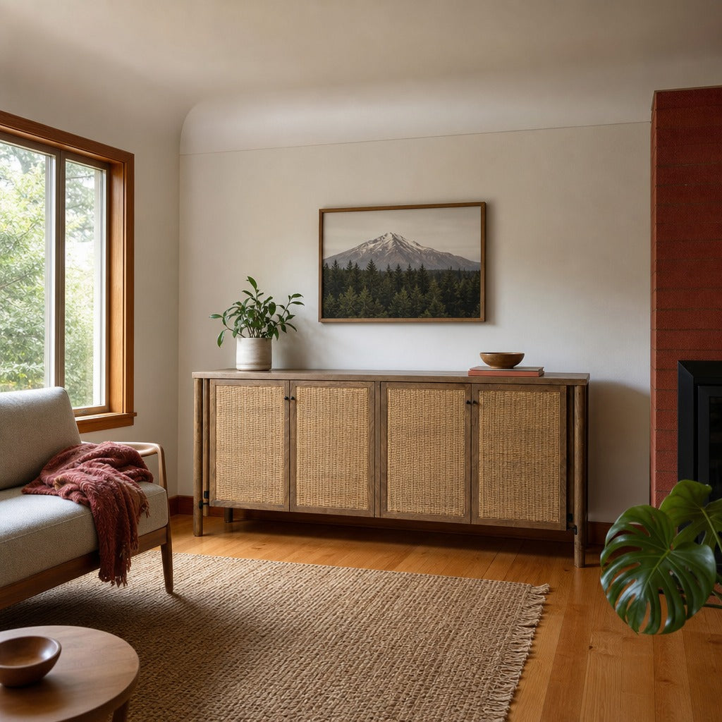 Veta Sideboard in Taupe Mango styled in Portland Mt. Tabor mid-century daylight ranch dining room - Whats New Furniture