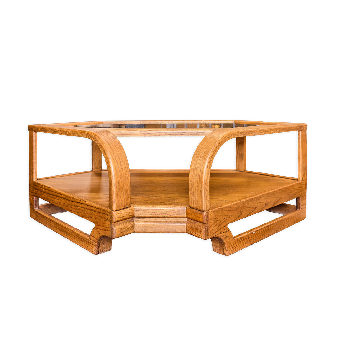 Vintage 6 Sided Corner Oak and Glass Table - Whats New Furniture - Portland, Oregon