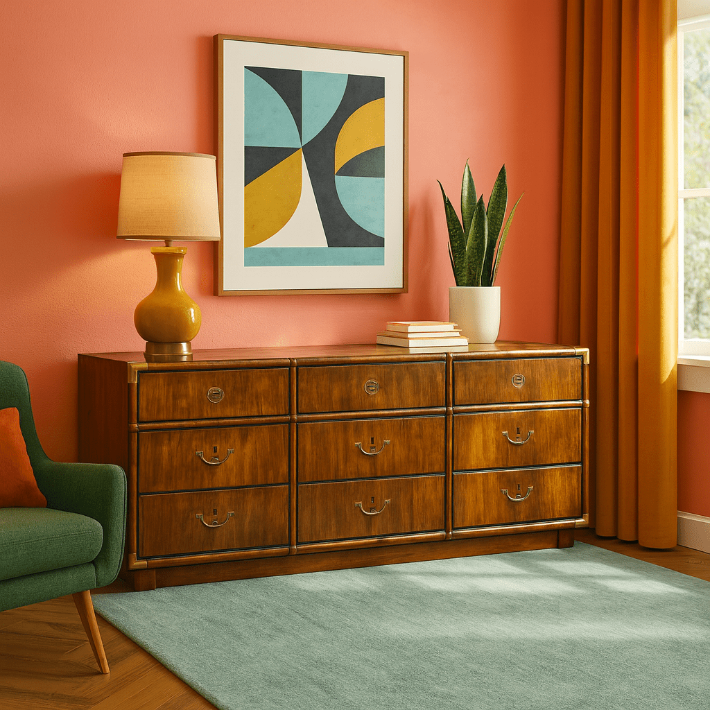 Vintage Mid - Century 9 Drawer Dresser detail view 7 - Whats New Furniture - Portland, Oregon