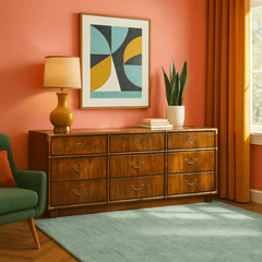 Vintage Mid - Century 9 Drawer Dresser detail view 7 - Whats New Furniture - Portland, Oregon