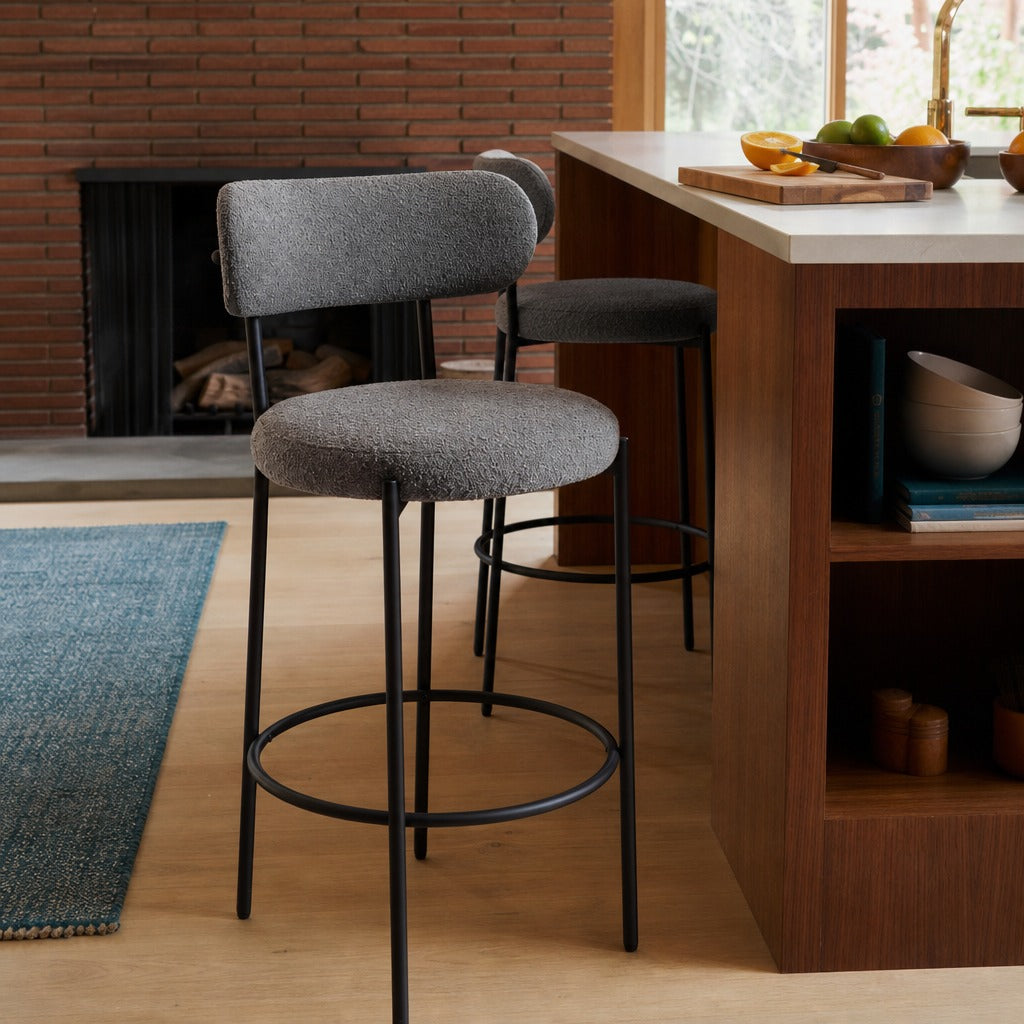 Viola Boucle Upholstered Bar Chair Grey Set Of 2 styled in Portland Mt. Tabor mid-century daylight ranch living room - What&