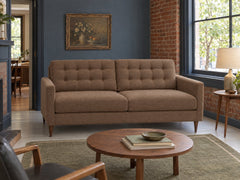 Vogue Modern Sofa in Lebron Mocha styled in a NW Portland converted brick corner apartment - Whats New Furniture Portland OR