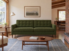 Vogue Modern Sofa in Lush Spinach styled in a 1960s Portland ranch - Whats New Furniture Portland OR