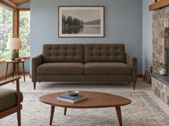Vogue Modern Sofa in Seamount Walnut styled in a 1970s Lake Oswego split-level - Whats New Furniture Portland OR