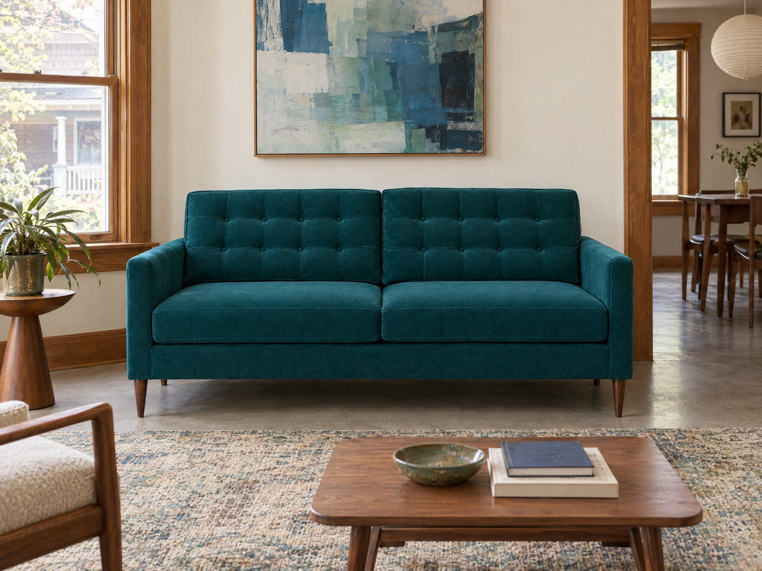 Vogue Modern Sofa in Sensation Turquoise styled in a Hawthorne duplex flat - Whats New Furniture Portland OR