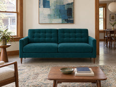 Vogue Modern Sofa in Sensation Turquoise styled in a Hawthorne duplex flat - Whats New Furniture Portland OR