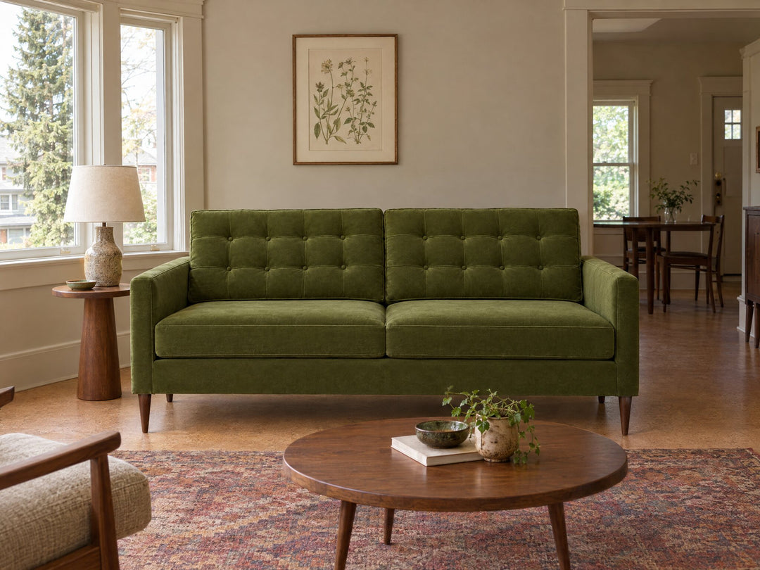 Vogue Modern Sofa in Vintage Moss styled in a 1920s NE Portland Craftsman flat - Whats New Furniture Portland OR
