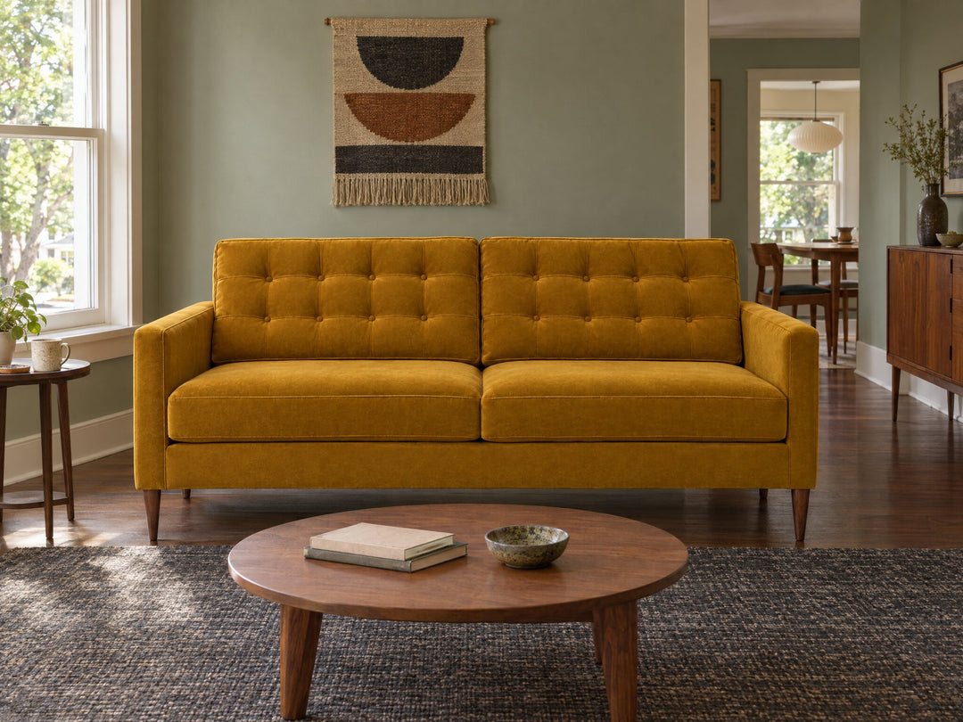 Vogue Modern Sofa in Vintage Saffron styled in a Montavilla ranch - Whats New Furniture Portland OR