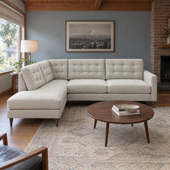 Vogue open chaise sectional in Rizz Sand styled in a Portland home - Whats New Furniture Portland OR